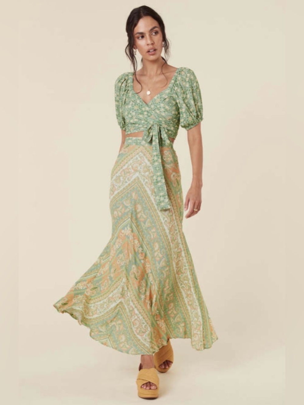 NWT Spell Madame Peacock Maxi Skirt Large Emerald